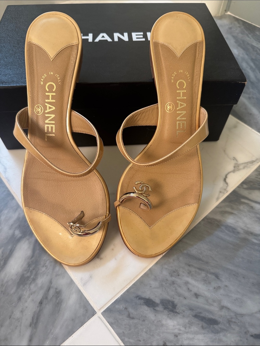CHANEL Gold Leather Slide Sandals with CC Accent